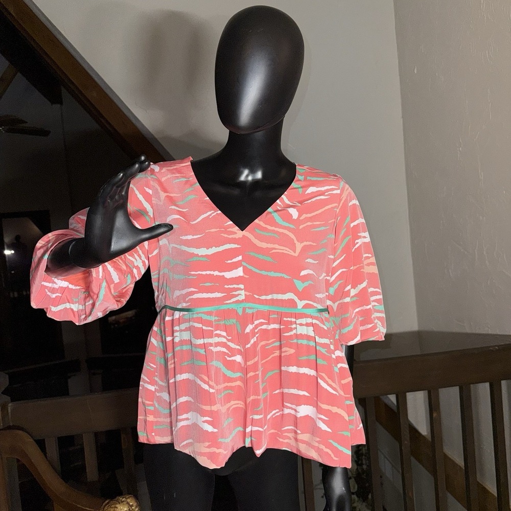 EMILY MCCARTHY V-Neck Peplum Style Puff Sleeves Luxe Bohemian Coral Tiger XS NWT